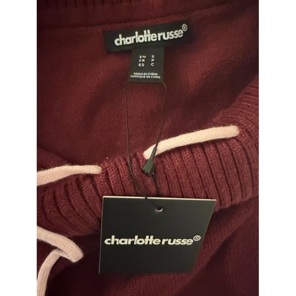 Charlotte Russe Burgundy Off Shoulder Ribbed Knit Top Pink Bow NWT Small 77345J - Picture 2 of 8